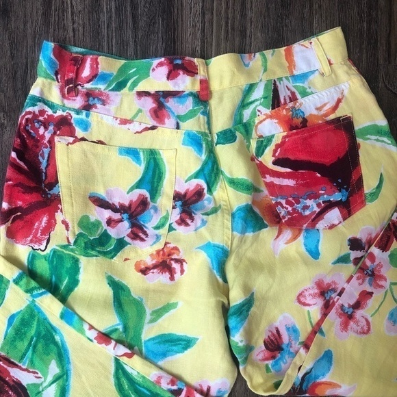 Lauren Ralph Lauren Linen Butter Yellow Floral Cropped Pants - Picture 10 of 11